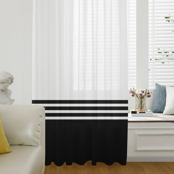 Black White Striped Semi Sheer Curtains Drapes for Living Room, Bedroom, French Doors Window 54 Inches Long, Modern Abstract Art Aesthetics Rod Pocket Chiffon Curtain Drapery Voile Draperies Panel