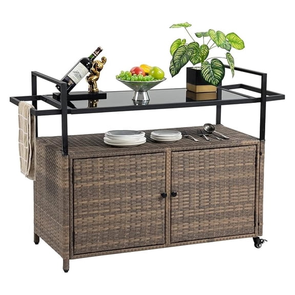 Outdoor Bar Cart Table - Patio Console Storage Cabinet BBQ Grill Carts Buffet with Wheels Waterproof Wicker Serving Tables for Outside, Brown