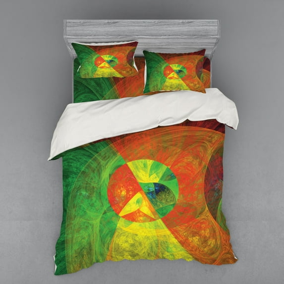 Ambesonne Psychedelic Bedding Set 4 Pcs, Abstract Surreal, Queen, Green Yellow