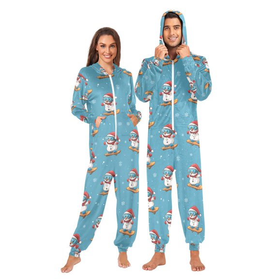 Adult Christmas Onesie Cartoon Snowman with Goggles Zipper One-Piece Pajamas Unisex with Pockets