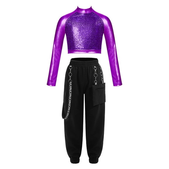 TiaoBug Kids Girls Hip Hop Jazz Dance Outfits Sequin Long Sleeve Crop Top with Cargo Pants Modern Performance Costume Purple 10