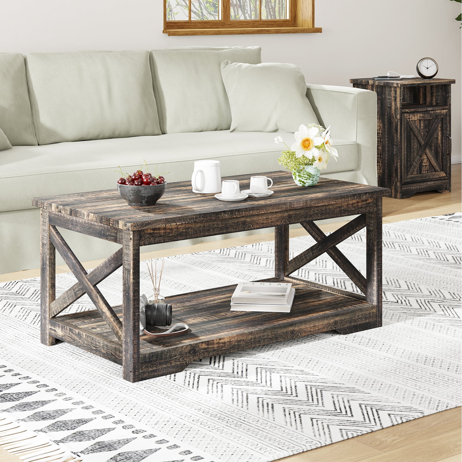 LUXOAK 3-Piece Farmhouse Table Set, Coffee Table & Two End Tables, Dark Oak