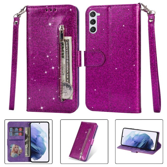 Case for FOXDOCK Samsung Galaxy S23 Plus Glitter Zipper Wallet Case with Short Hand Strap