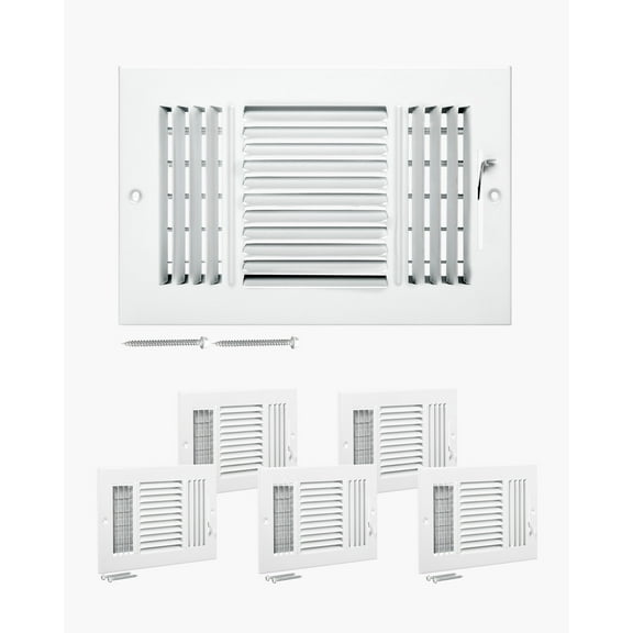 VEVOR 6 x 10 Inch Floor Registers, 6-Pack Floor Vents,HVAC 3-Direction Iron Vent Grilles for Home/Office Wall & Ceiling,Rustproof Anti-Peeling Air Vents Deflector Adjustable with Metal Damper,White