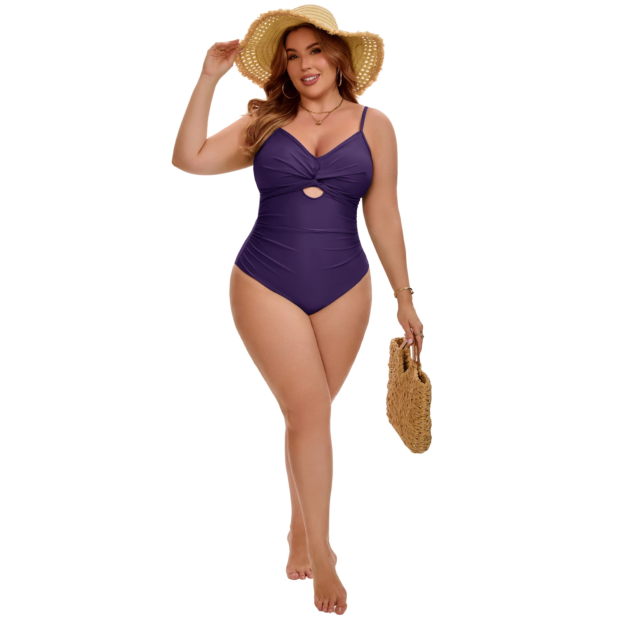 DARING DIVA Women's Plus 1 Piece Tummy Control Cutout High Swimsuit L Purple