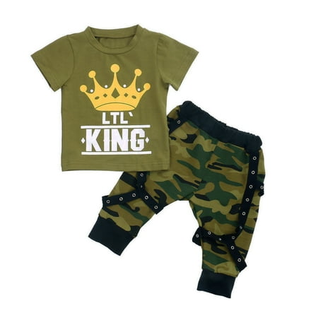 

Musuos Baby Boy s Cool King Clothes Set Letter Print Short Sleeve T-Shirt Blouse and Camo Long Pants