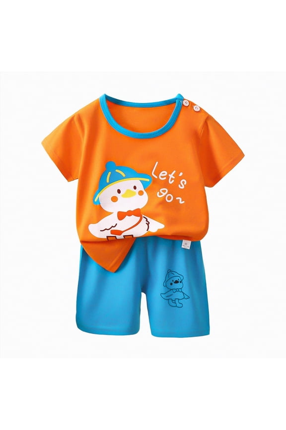 24 Month Boy Clothes Casual Round-neck Short-sleeved T-shirt and Short Suit Summer Beachwear|Orange 2-3 Years