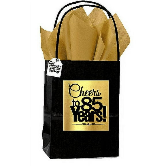 Black & Gold 85th Birthday / Anniversary Cheers Themed Small Party Favor Gift Bags with Tags -12pack
