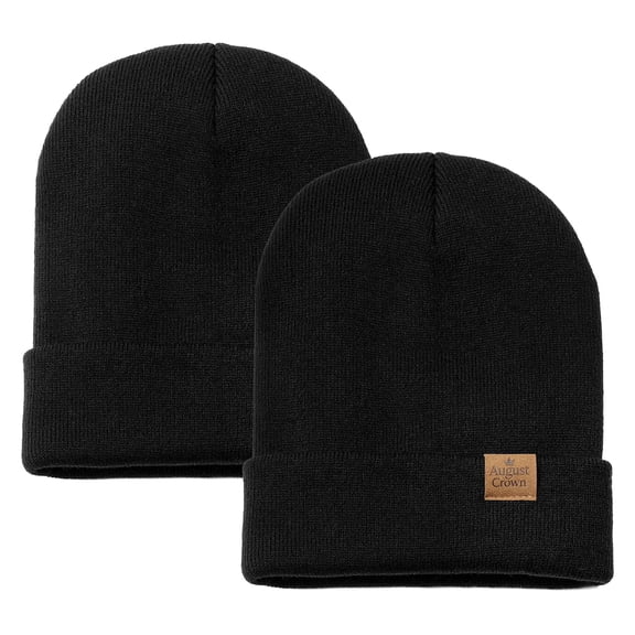 August Crown Unisex Double Layer Knit Winter Beanies - Black (2 Pack) | Warm Thick Acrylic Cuffed Hats for Men Women