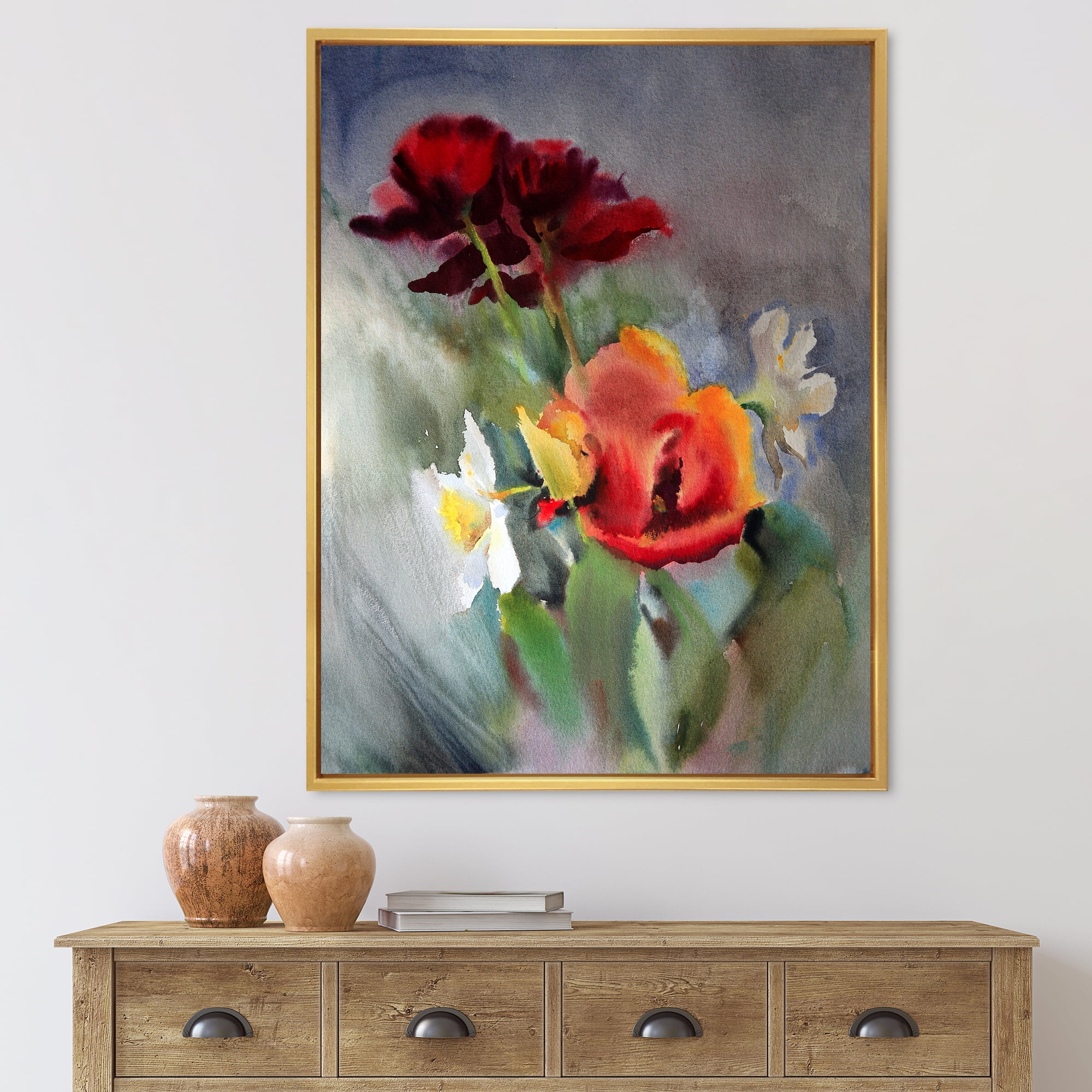 Designart 'Blossoming Vibrant Red Wildflowers' Traditional Framed Canvas Wall Art Print