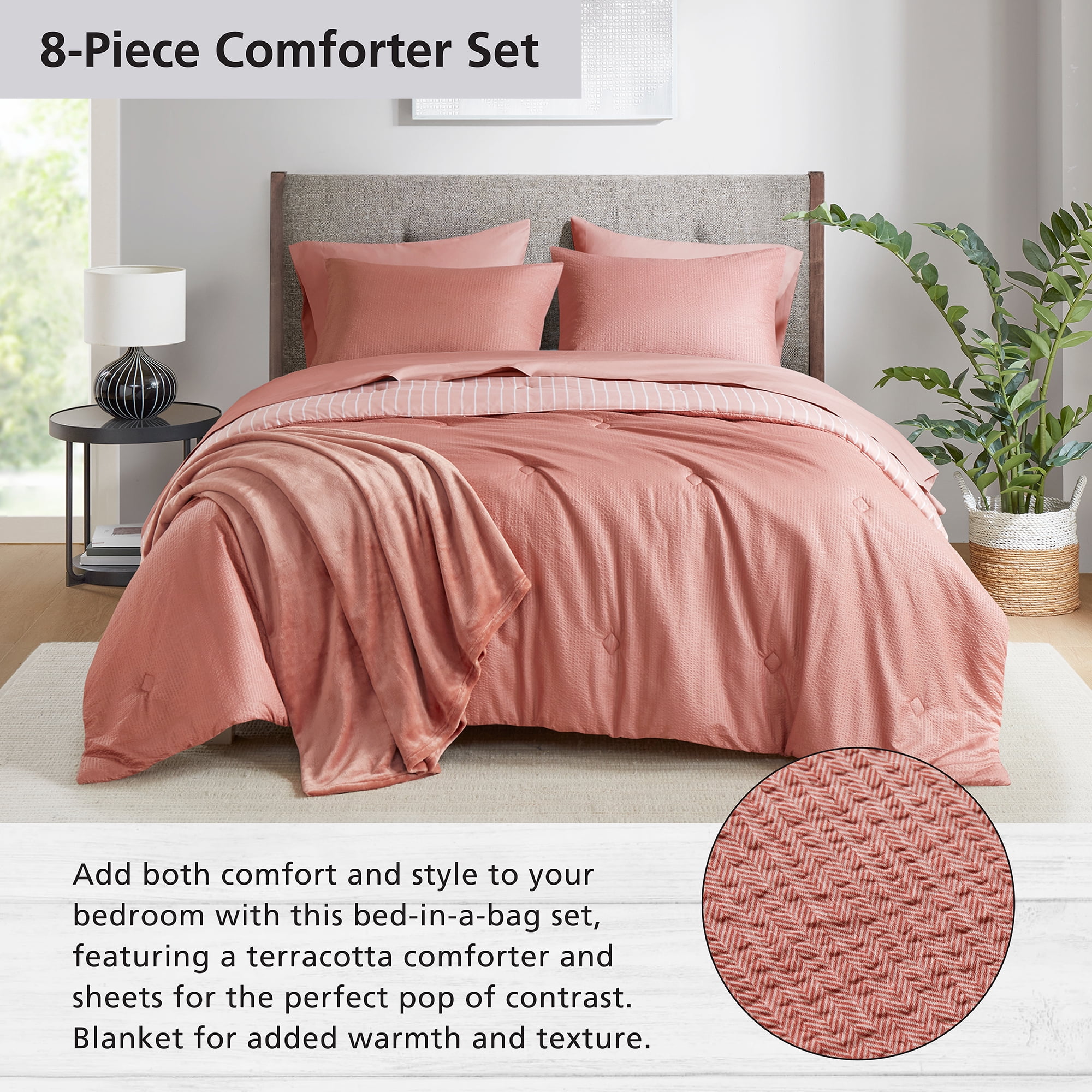 Mainstays 8-Piece Bed in a Bag Comforter Set with Sheets and Blanket, Red Canyon, King