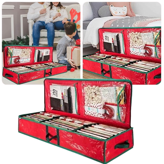 Riforla Christmas Storage Rack Spacious Under Bed Holiday Wrapping Paper Container for Gift Wrapping Ribbons Bows Wrapping Supplies Etc Home Textile Storage Red