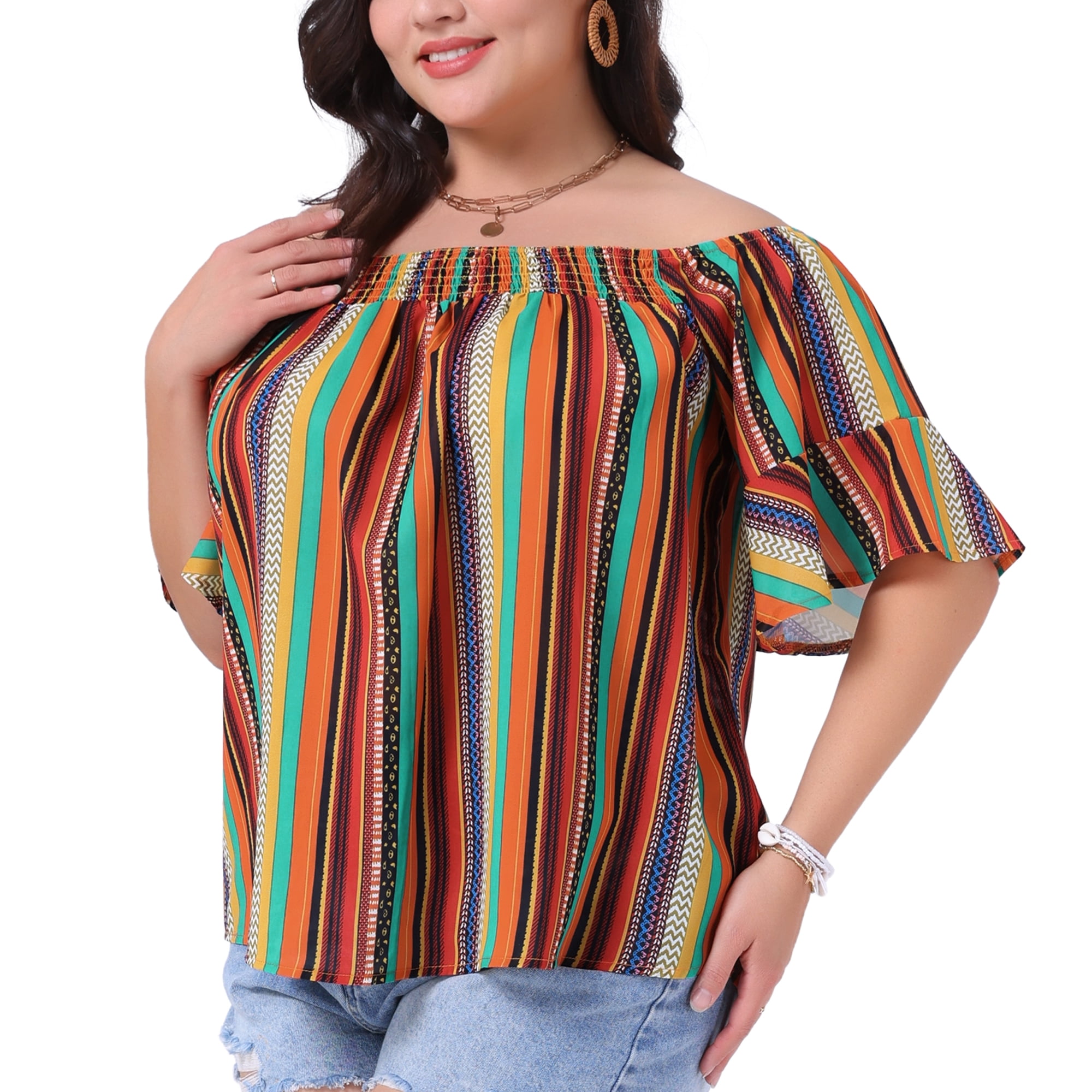 DARING DIVA Women's Plus Boho Off Shoulder Short Sleeve Striped Blouse 2X Orange