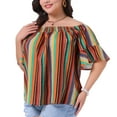 thumbnail image 2 of DARING DIVA Women's Plus Boho Off Shoulder Short Sleeve Striped Blouse 1X Orange, 2 of 6