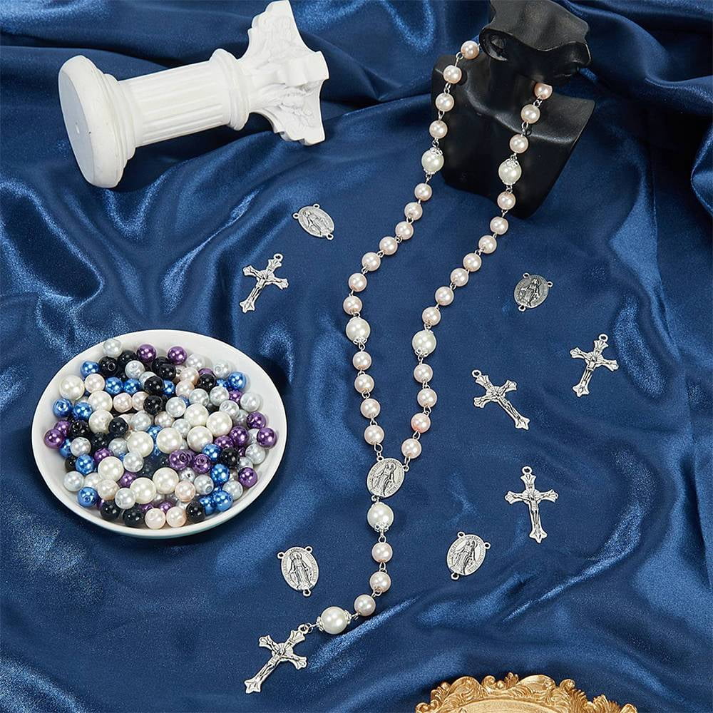 DIY Rosary Bead Jewelry Making Finding Kits including Alloy Pendants & Links & Bead Caps Glass Pearl Beads 304 Stainless Steel Eye Pins Mixed Color