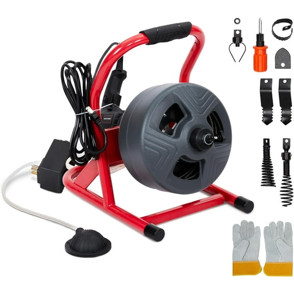 Acekid 50ft x 5/16 Inch Auto-Feed Electric Drain Auger, Professional Drain Cleaner Machine for 3/4 to 3 Inch Pipes, with 6 Cutters, Glove, Stainless St
