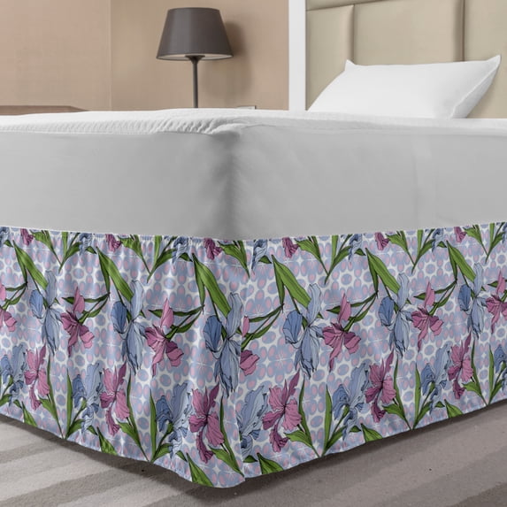 Garden Art Bed Skirt, Artwork of Botanical Flowers and Abstract Round Ornaments, Elastic Bedskirt Dust Ruffle Wrap Around for Bedding Decor, 4 Sizes, Multicolor, by Ambesonne