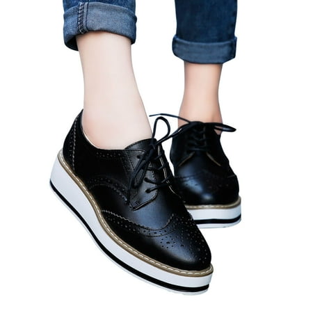 jsaierl Women s Classic Oxfords Lace-up Shoes Platform Leather Business Formal Dress Shoes Square Toe Walking Shoes