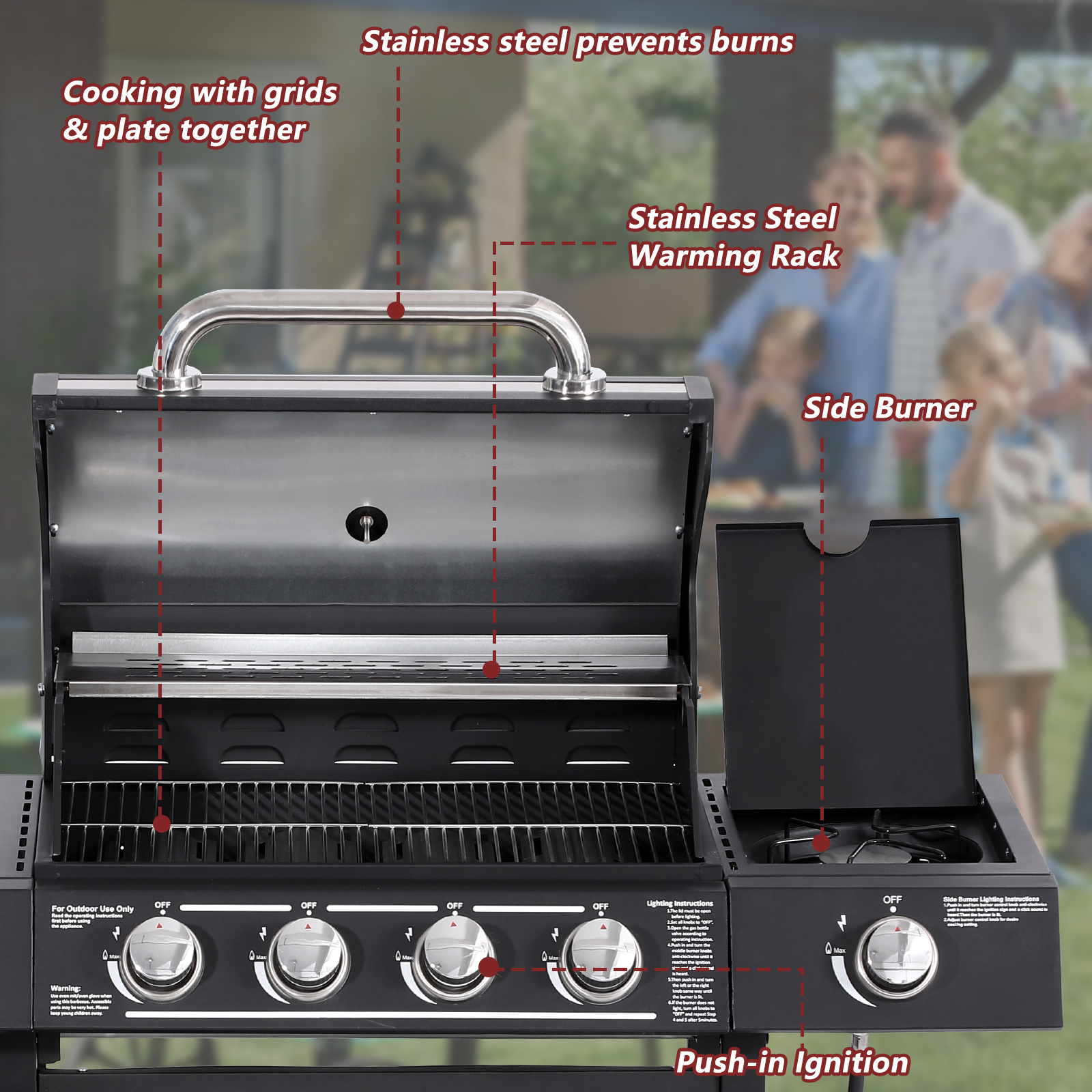 Haverchair 4-Burner Propane Gas Grill with Side Burner and Stainless Steel Grates 50,000 BTU Outdoor Cooking BBQ Grills Cart,Black - image 4 of 9
