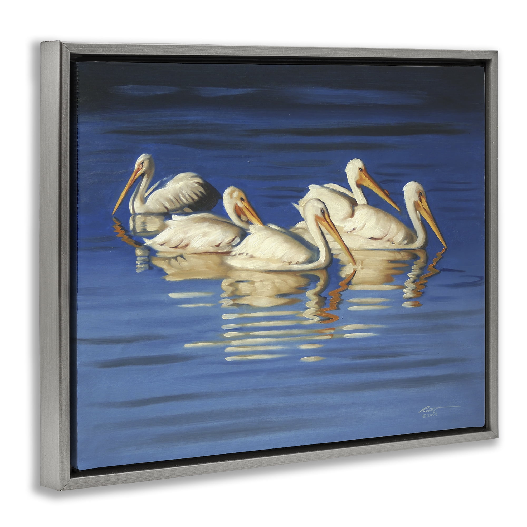 Stupell Industries Pelican Flock Lake Ripples Animals & Insects Painting Gray Floater Framed Canvas Art Print Wall Art, 21 x 17