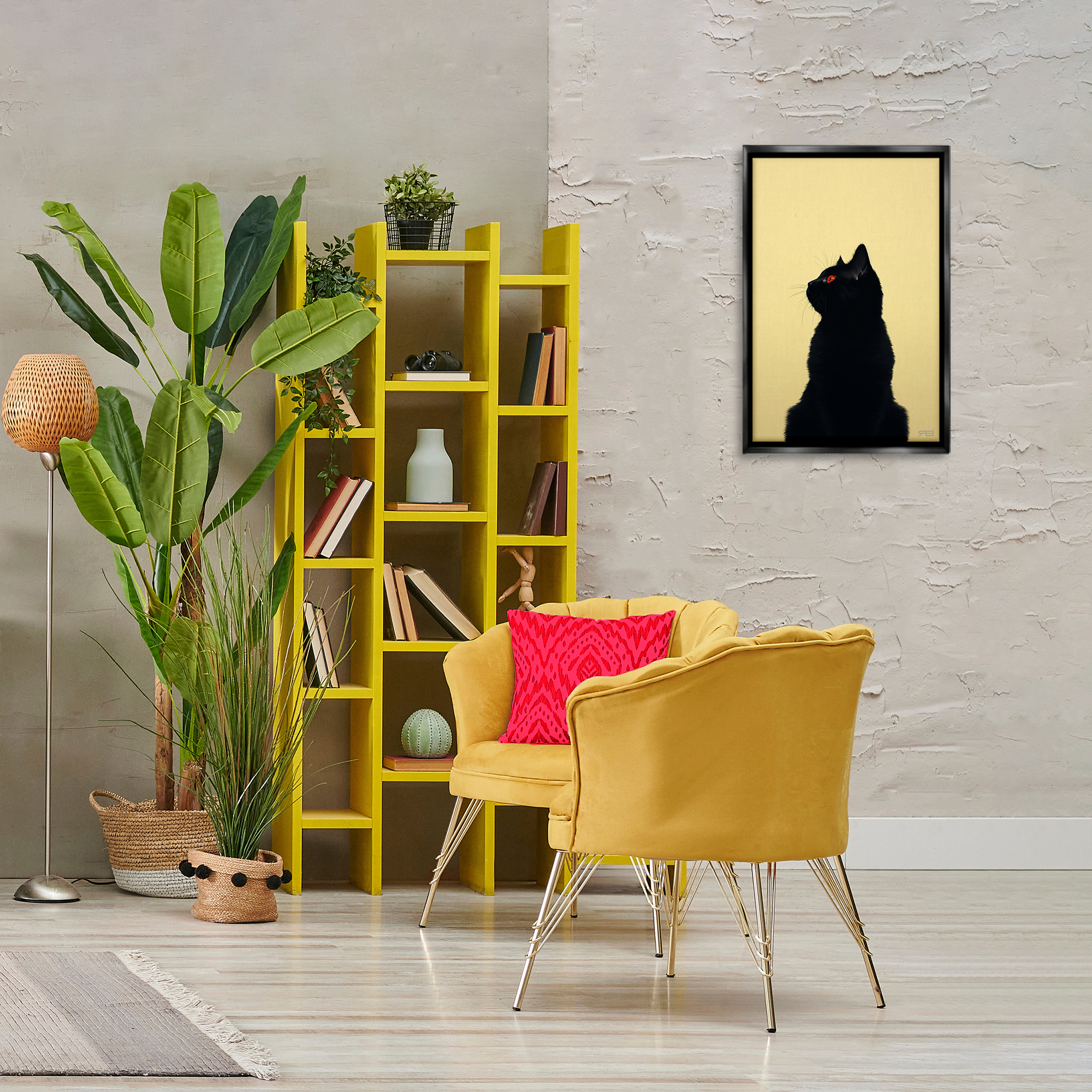 Stupell Industries Black Cat on Yellow Animals & Insects Painting Black Floater Framed Canvas Art Print Wall Art, 17 x 25
