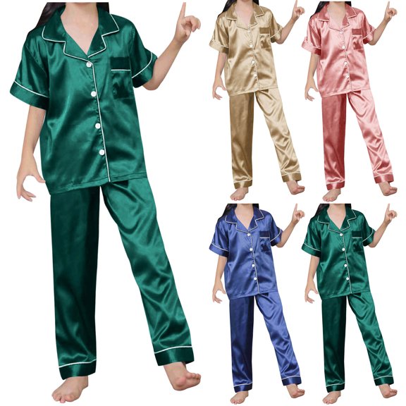 Kids Pajama Set Solid Satin Short Sleeve Unisex 2 To 12 Years Soft Casual Loungewear Outfit