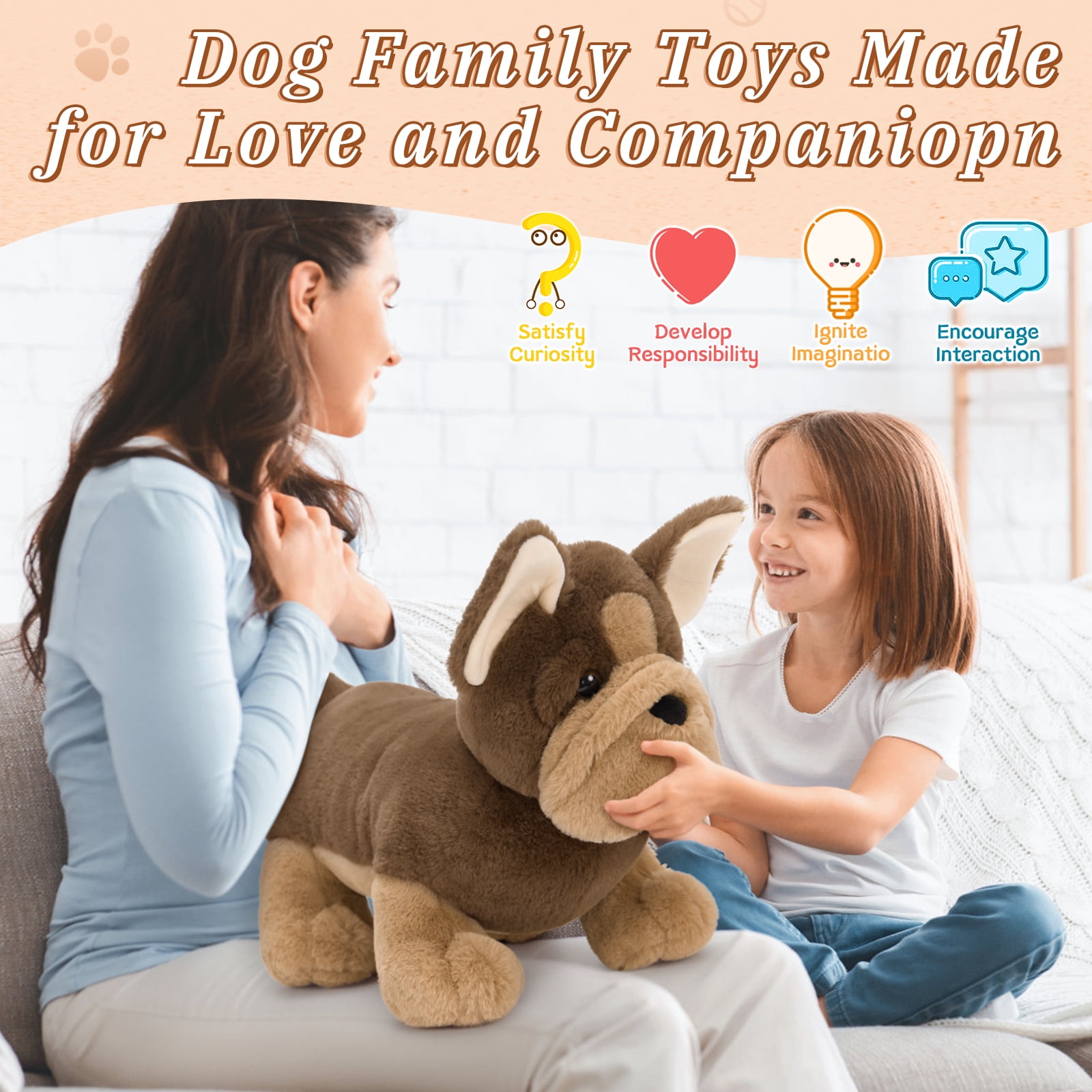 MorisMos 18" Bulldog Stuffed Animal Mommy Dog with 3 Baby Plush Toys