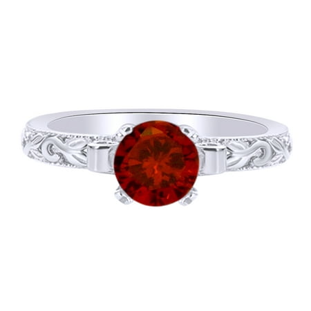 Princess Cut Garnet Ring Round Cut Simulated Garnet Vintage Style Ring in 14k White Gold Over Sterling Silver Ring Size - 4 ()