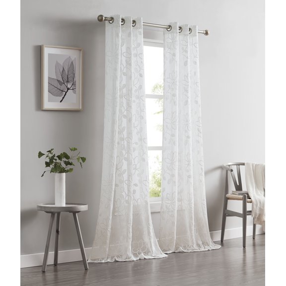 Dainty Home Rita 3D Floral Chenille Embroidered Solid Sheer Linen Look 76" x 96" Window Curtain Panel Pair in White