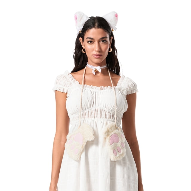 Gupgi Costume de Chat pour Femme, Ensemble Bandeau Oreilles de Chat+collier+queue+gants Patte de Chat