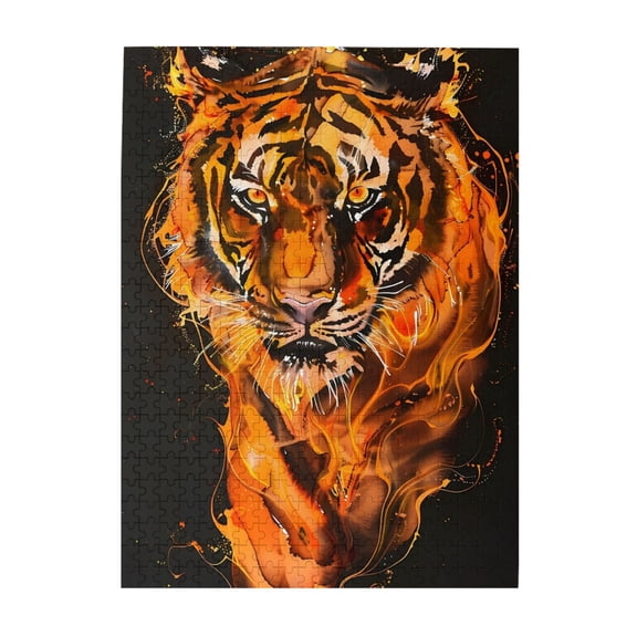 500-Piece Wooden Jigsaw Puzzle for Adults - Tiger Abstract Watercolor Flame , Interlocking Pieces with Guide Letters, Holiday Gift & Home Decor