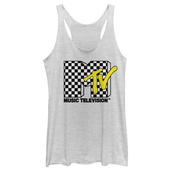 Women's MTV Checker Black and White Logo  Racerback Tank Top White Heather Large