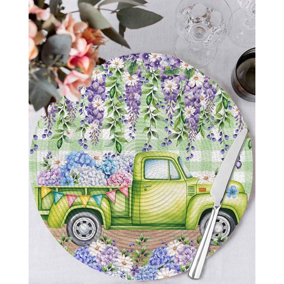 15 Inch Round Placemats Set of 4, Blue Purple Floral Non Slip Heat Insulation PP Table Mats, Spring Hydrangea Flower Truck Green Plaid Washable Place Mats for Kitchen Dining Party Table Decor