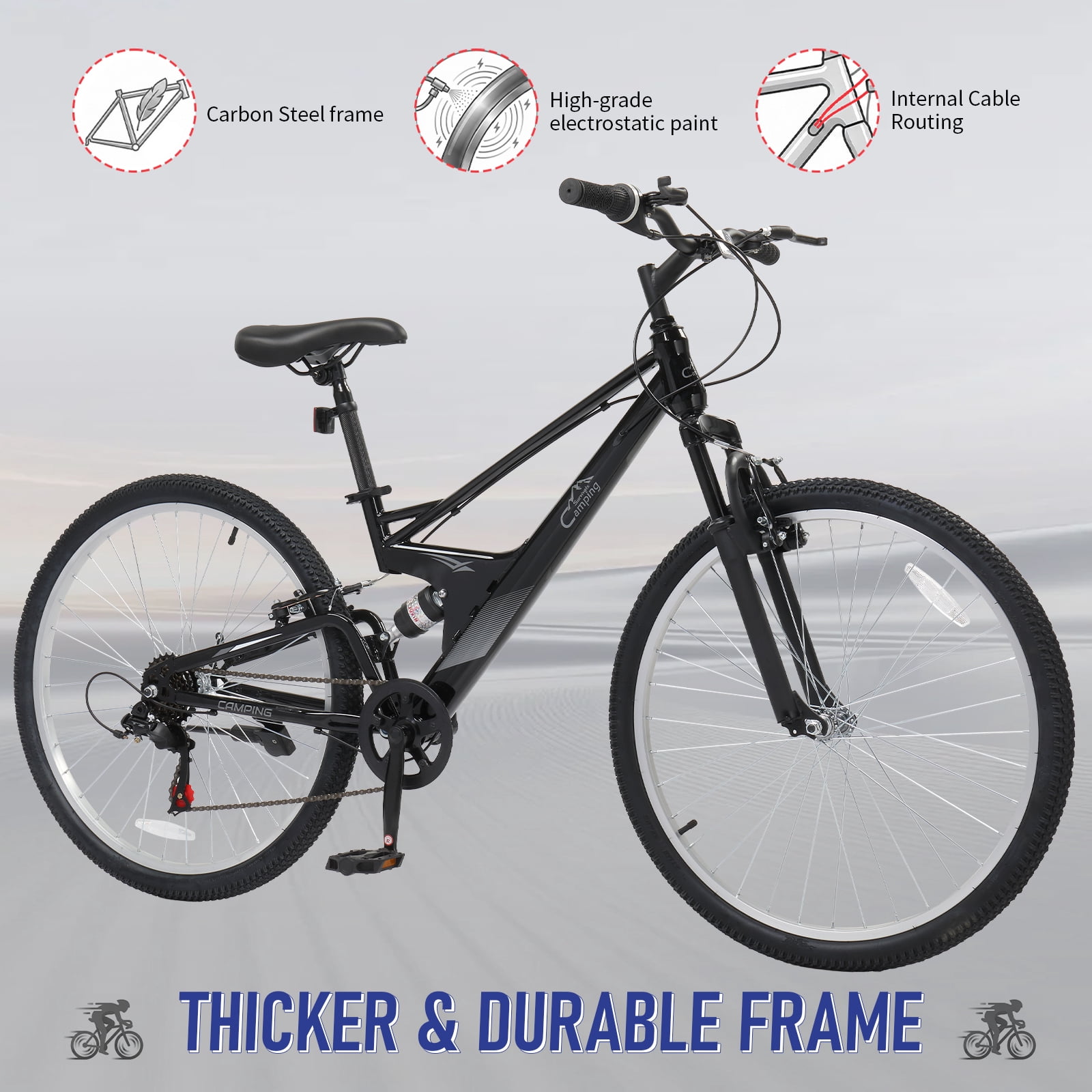 UBesGoo 26" Mountain Bike for Men and Women, 7-Speed, Full Suspension, V Brakes, Black