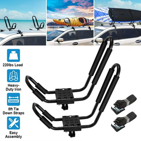 Universal Kayak Roof Rack Carrier Pair 220 LB Capacity Heavy Duty J Bar Canoe SUP Surf Ski Board Carrier with Tie Down Straps and Foam Pads for Car SUV Truck Crossbars