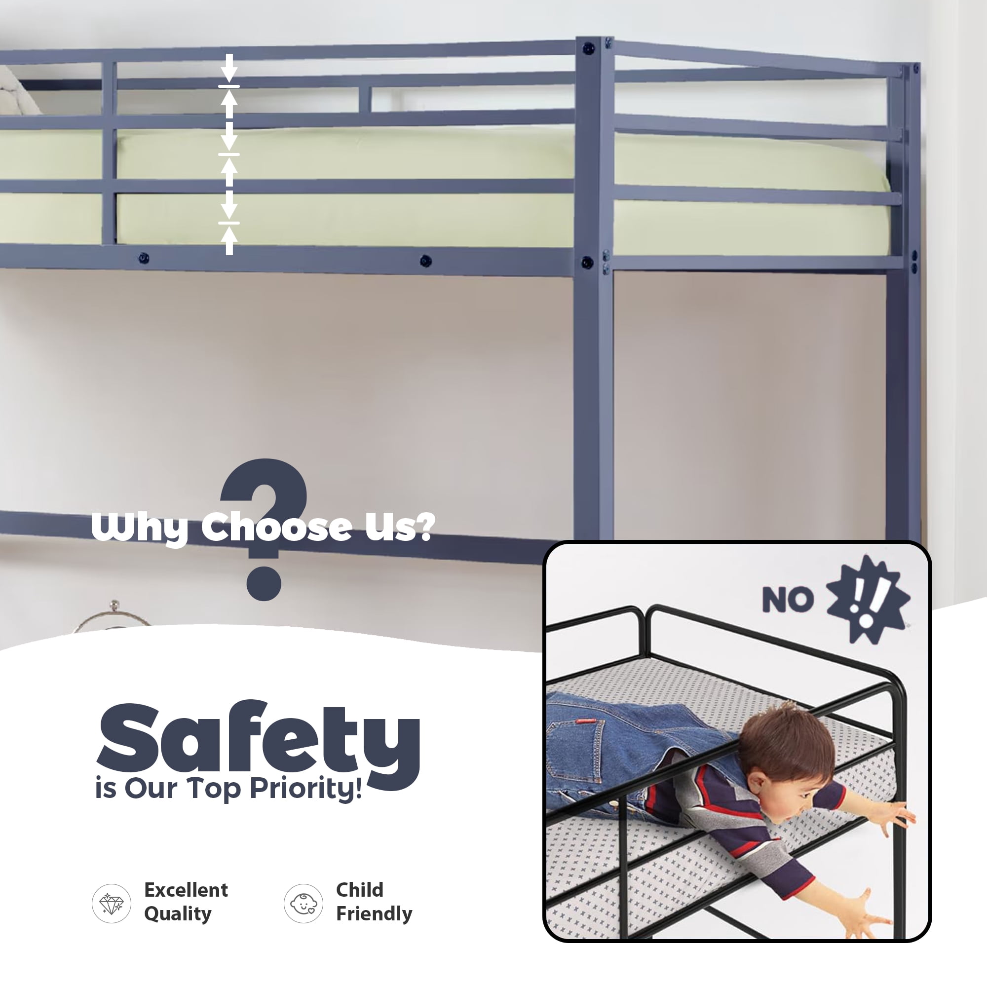 Aukfa Twin Size Metal Loft Bed, Space-Saving Bed with Safety Guard Rails Kids Teens, Gray