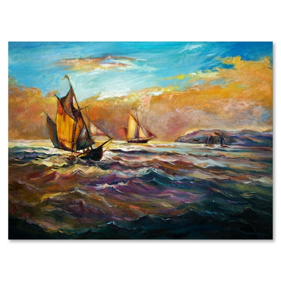 Designart ' Boats During Evening Sunset In The Ocean II ' Nautical & Coastal Canvas Wall Art Print