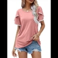 thumbnail image 3 of Blusas Verano para Mujer con Mangas Pétalos, Camisetas Encaje Crochet con Cuello Redondo, Camisetas Casuales Holgadas Color Sólido, Camisetas Básicas Tipo Túnica. Rosa S, 3 of 10