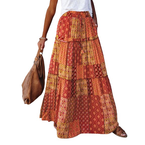 Yunliwuli Women's Bohemian Skirts Vintage Elastic High Waist A-Line Skirts Tiered Long Skirts with Pockets