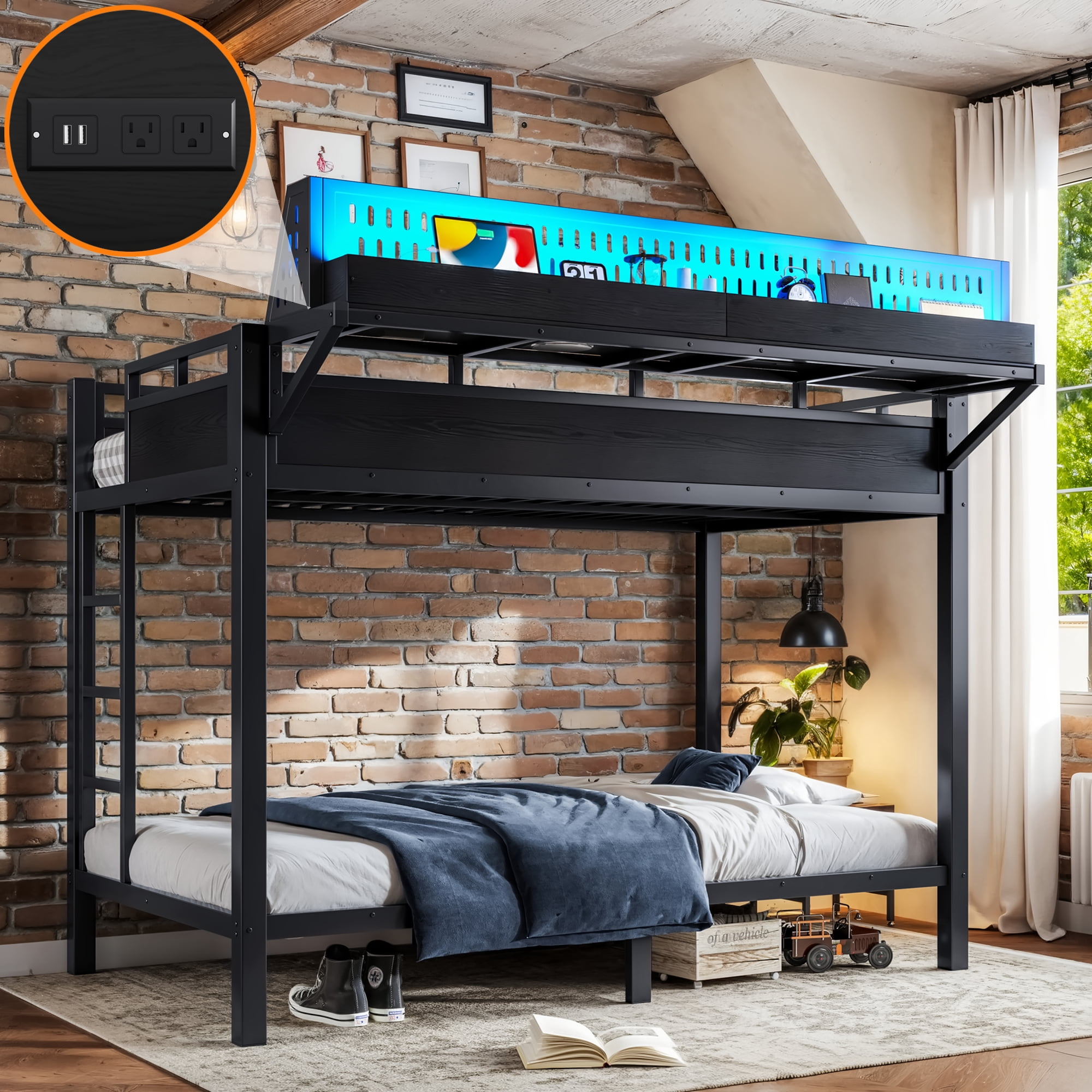 Mintazer Twin XL Over Twin XL Bunk Bed with Storage Shelves and Pegboard, Metal Bunk Bed Frame with LED Lights & Charging Station for Bedroom Guest Room, Black