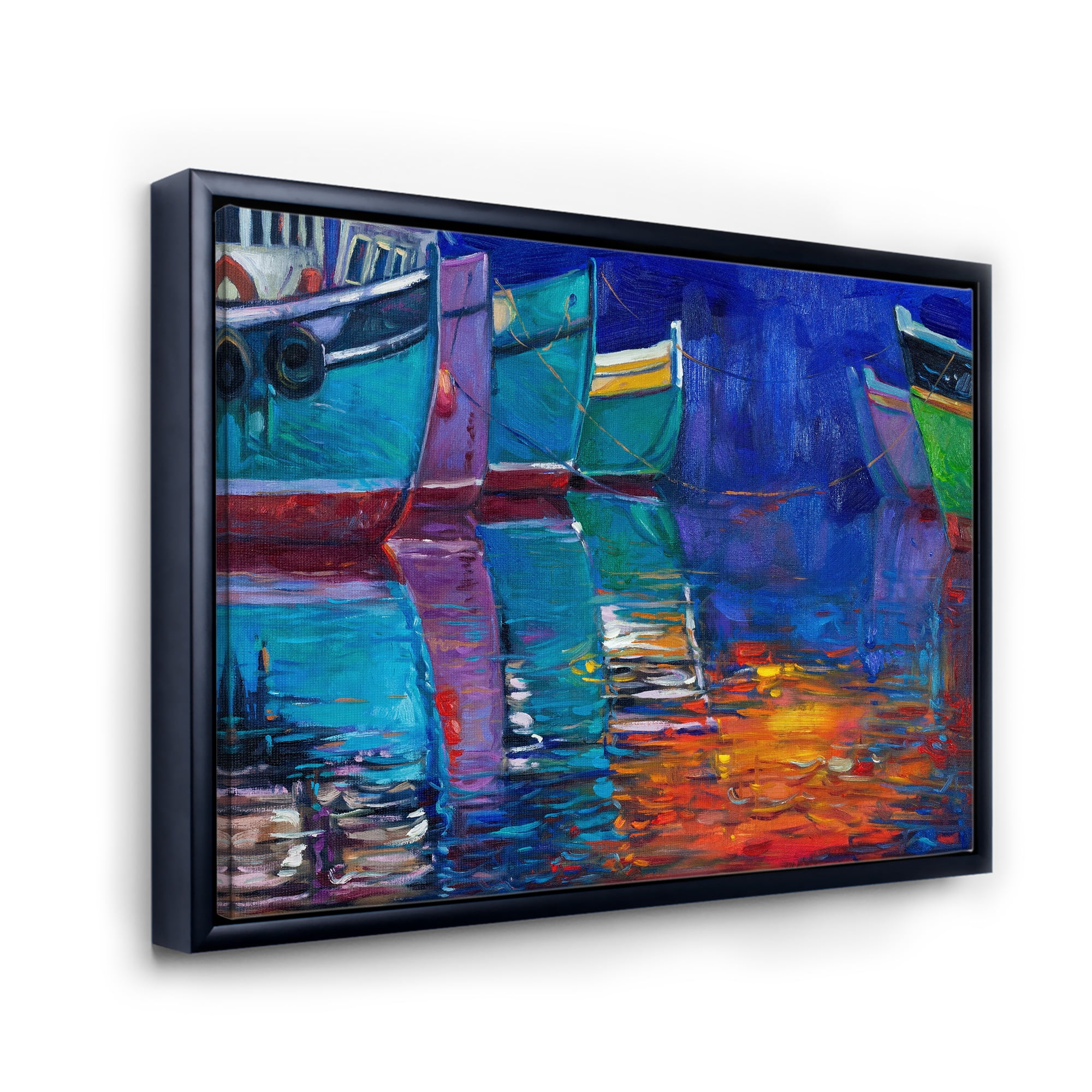 Designart 'Boats During Warm Sunset Resting On The Water I' Nautical & Coastal Framed Canvas Wall Art Print
