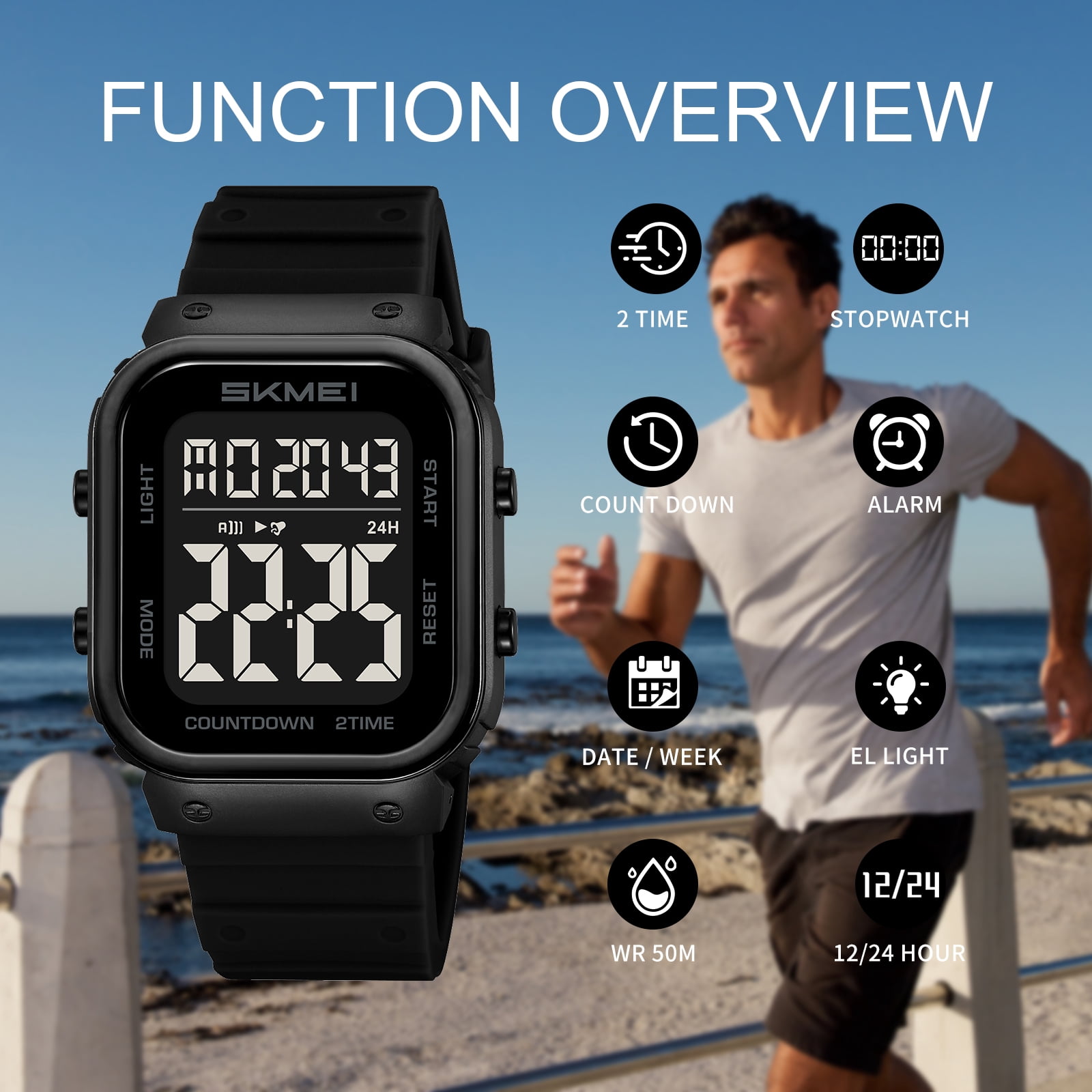 SKMEI Mens Digital Watch Outdoor Sports Waterproof Large Face Wrist Watches with LED Back Ligh/Alarm/Stopwatch