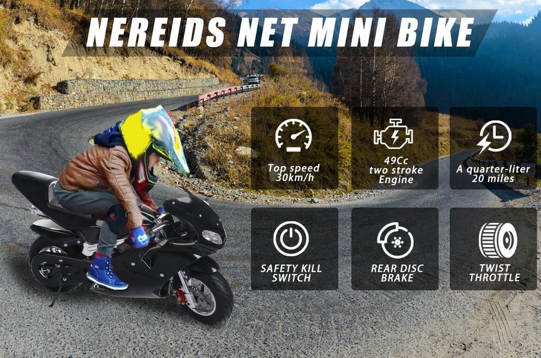 Korogimeeet Youth Black Pocket Bike 49cc 2-Stroke, Gas Powered Mini Motorcycle with Dual Headlights, Disc Brakes, Pull Start, 170 lb Weight Capacity, 20 Miles Per Tank, 40 x 21 x 23 Inch