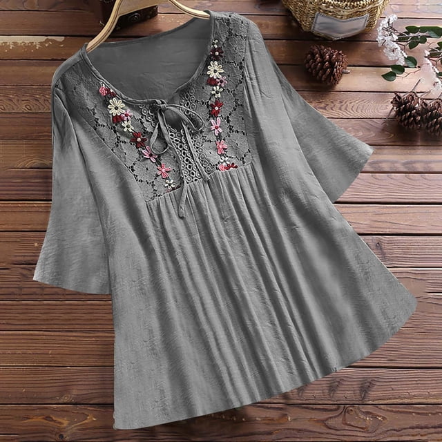 Fiudx Liquidación de Ofertas Flash Moda Mujer Verano Casual Tops con Cuello En V Vendaje Camisetas de Manga Corta y Blusa de Lino