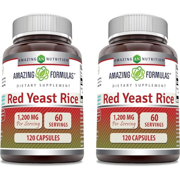 Amazing Formulas Red Yeast Rice 1200mg Per Serving 120 Capsules Supplement | Non-GMO | Gluten Free | Pack of 2