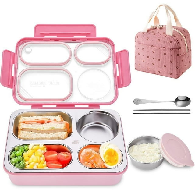 Lonchera Bento Box, Portátil Fiambrera Acero Inoxidable para Adultos con 5 Compartimentos, Luncheras Escolares 1150ML con Charola Extraíble, Tazón de Sopa y Bolsa Almuerzo, Fácil de Lavar