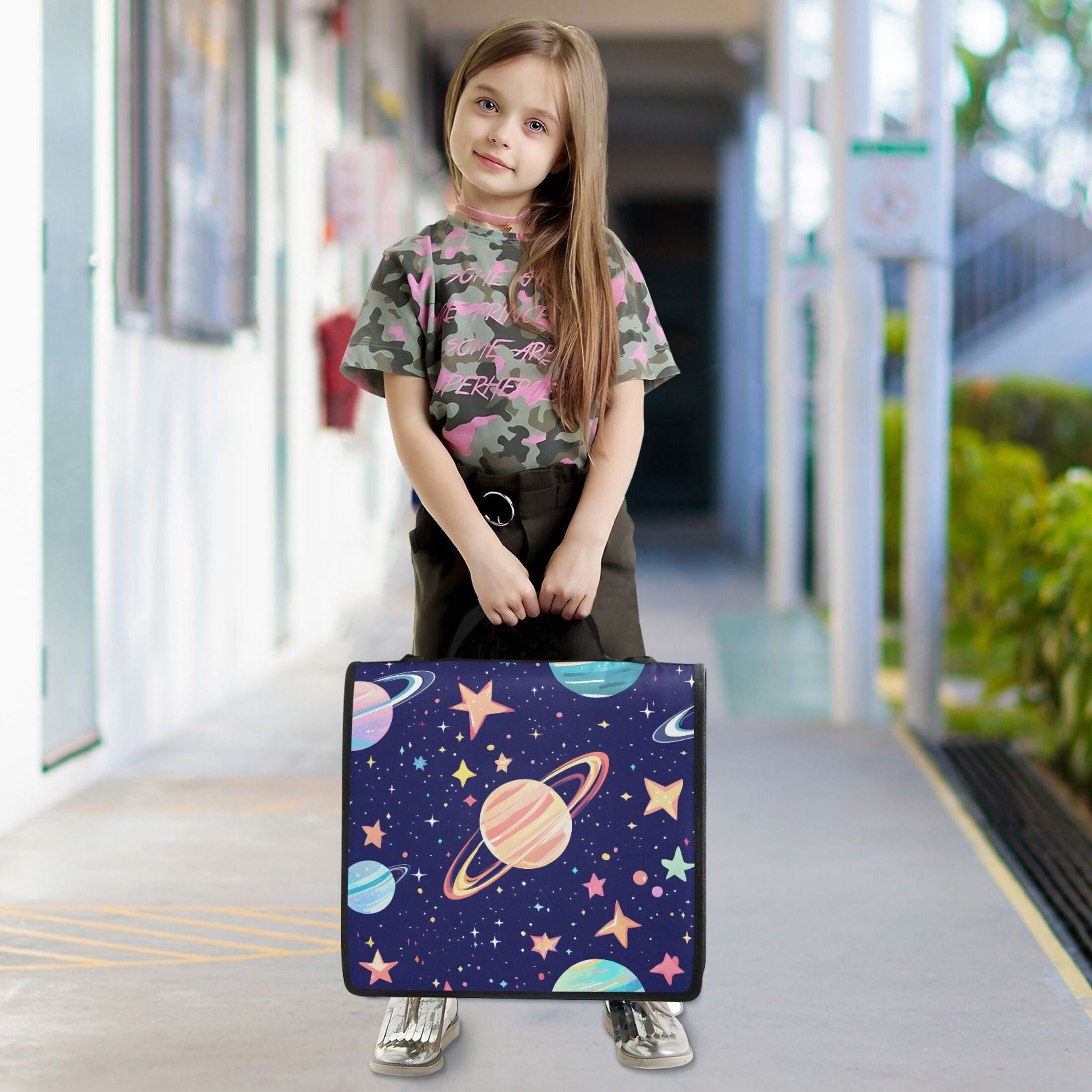 3 Ring Zipper Binder with Shoulder Strap Waterproof Trapper Keeper 2 Inch D-Ring 500 Sheets Capacity Cartoon Planet and Star
