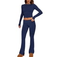 thumbnail image 2 of Riforla Women Two Piece Outfit Basic Long Sleeve Crop Top and Low Rise Flare Pants Set 2 Piece Yoga Tracksuit Two Piece Sets for Women Dark Blue XXL, 2 of 5
