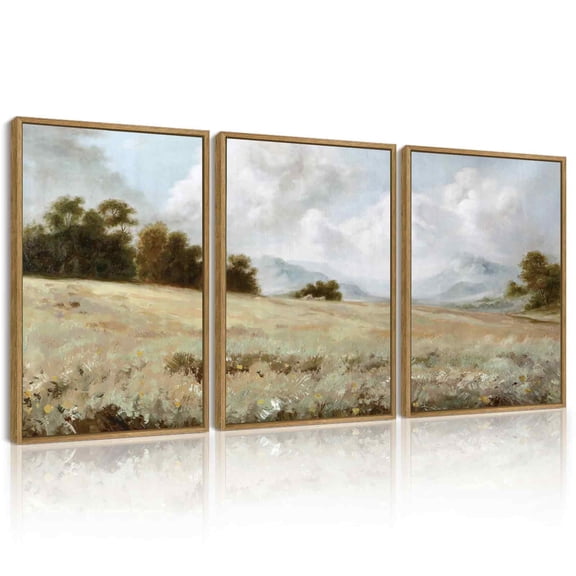Drsoum Vintage Landscape Wall Art Grassland Classic Wall Prints Farmhouse Office Decor Farmhouse Bedroom 12x16in3pcs Brown Framed