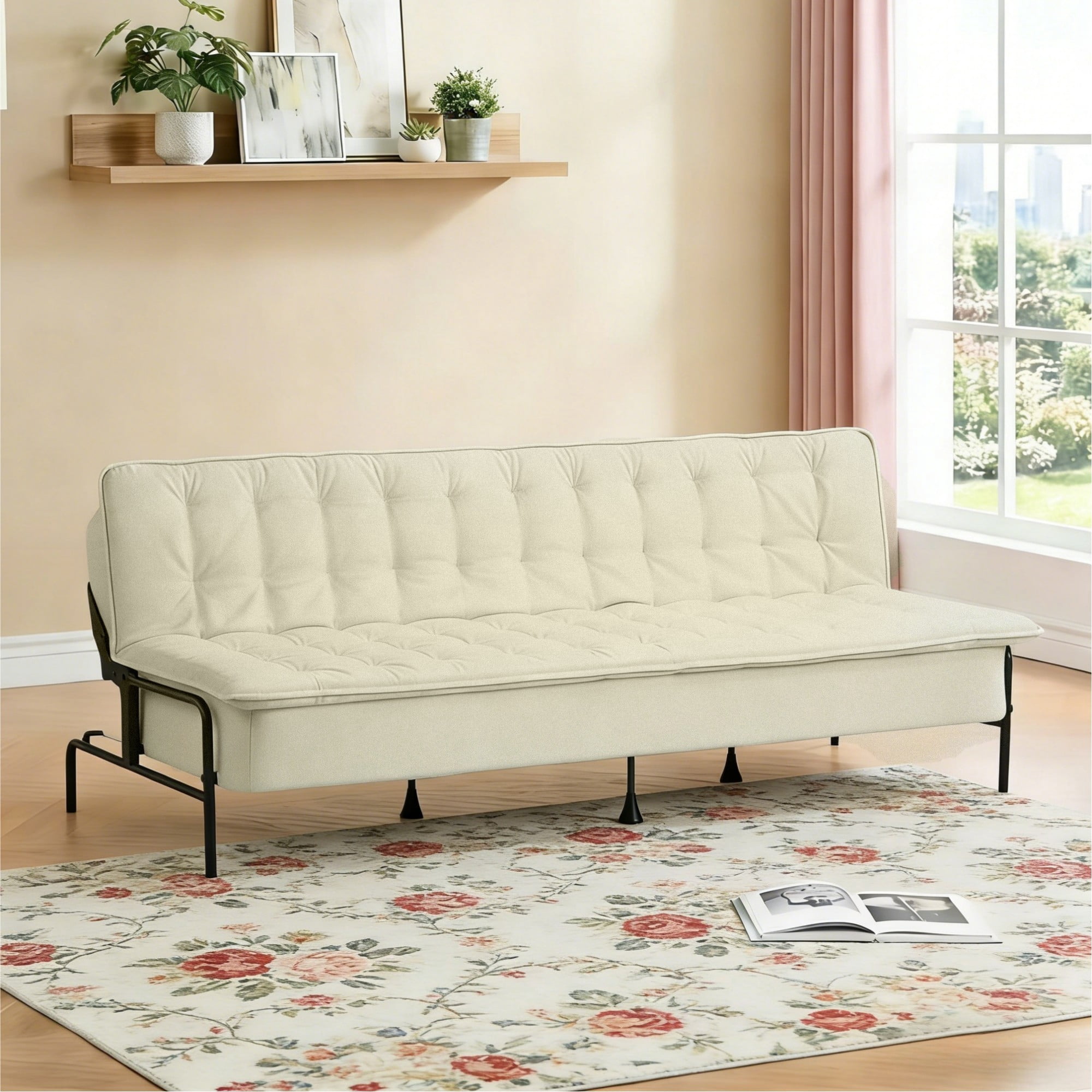 BSHTI 76" Linen Futon Sofa Bed – 3 Adjustable Backrest Angles, Convertible Couch, Metal Frame with Anti-Slip Feet, Space-Saving for Apartment Living Room Small Space，Beige